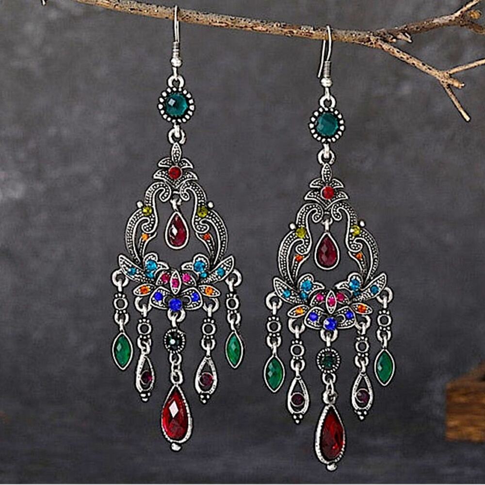Boho Multicolor Zircon Earrings Silver Dangle Vintage